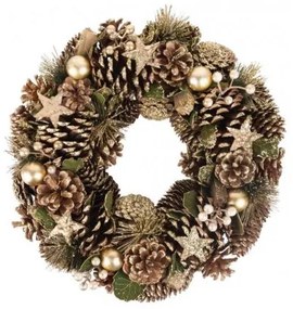 Decoratiune Craciun, coroana cu conuri si globuri, auriu, 34 cm