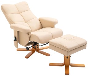 HOMCOM Massagesessel cu Hocker, Scaun de relaxare electric rotativ la 360° cu funcție de întindere și spațiu de depozitare, scaun TV cu buzunar lateral și telecomandă pentru sufragerie, piele ecologică, Crem | Aosom Romania