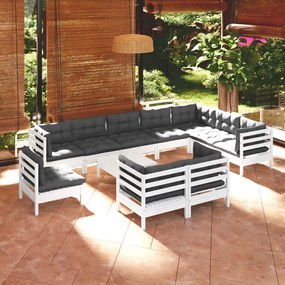 3096786 vidaXL Set mobilier grădină cu perne, 11 piese, alb, lemn masiv pin