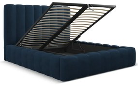 Pat matrimonial albastru închis tapițat cu spațiu de depozitare cu somieră 160x200 cm Kelp – Micadoni Home