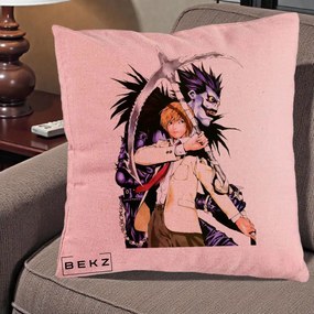 Perna Personalizata Death Note Light si Ryuk Duo, 40x40 cm, Roz, Husa Detasabila, Perna Inclusa, BEKZ®