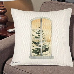 Perna Decorativa Fereastra cu Brad de Iarna, 40x40 cm, Crem Reliefat, Husa Detasabila, Perna Inclusa, BEKZ®