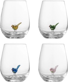 Set 4 pahare din sticlă suflată manual, transparente, cu decor de pasăre pictat, 9x12 cm, 560 ml, „Misa"