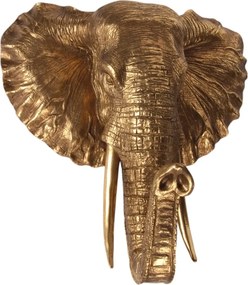 Cap de elefant decorativ de perete din polirășină, auriu, cu fildeși și urechi desfăcute, finisaj antichizat, 43,5 x 41,5 x 23 cm, „Mysore”
