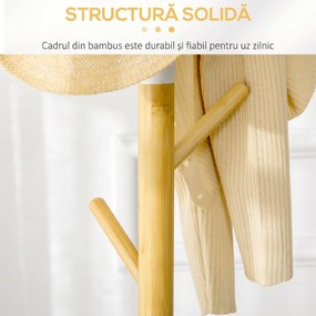 HOMCOM Cuier Vertical cu 8 Cârlige cu Bază Rotundă din Bambus, Lemn și Metal, Ø37,8x175,6 cm, Lemn Natural | Aosom Romania
