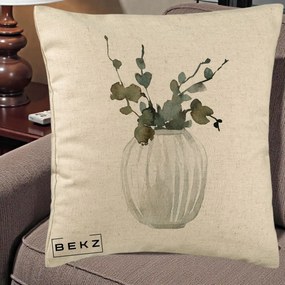 Perna Decorativa Vaza cu Eucalipt Watercolor, 40x40 cm, Bej, Husa Detasabila, Perna Inclusa, BEKZ®