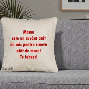 Cadou pentru Mama - Perna Personalizata Mama Cuvant Mic, 40x40 cm, Bej Canapea, Husa Detasabila, Perna Inclusa, BEKZ®