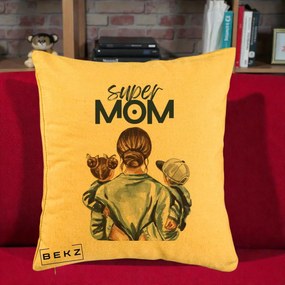 Cadou pentru Mama - Perna Personalizata Super Mom, 40x40 cm, Galben, Husa Detasabila, Perna Inclusa, BEKZ®