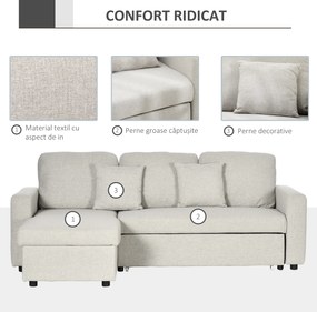 HOMCOM Canapea Extensibilă de Colț în Formă de L, Cu Șezlong Convertibil și Spațiu de Depozitare, Tapițerie Crem cu Efect de In, Perne Incluse | Aosom Romania