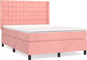 vidaXL Pat box spring cu saltea, roz, 140x190 cm, catifea