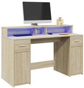 vidaXL Birou cu lumini LED stejar sonoma, 140x55x91 cm, lemn prelucrat