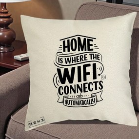 Perna Decorativa Home Is Where WiFi Connects, 40x40 cm, Ecru, Husa Detasabila, Perna Inclusa, BEKZ®