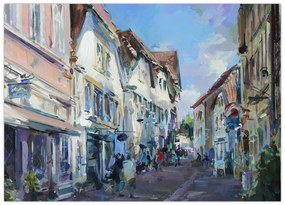 Tablou pe sticlă - Strada orașului vechi, pictură acrilică (70x50 cm)