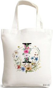 Sacosa de Panza pentru Cumparaturi, Geanta Tote, Cu litera I in Coronita Florala, 38x34.5 cm, Alba, BEKZ®