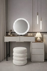 Set EMILY, Masă de toaletă pentru machiaj cu oglindă iluminată LED, în trei culori, intensitate reglabilă, control touch, comoda, taburet, 80 cm, Gri deschis