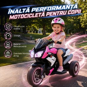 HOMCOM Motocicletă Electrică, 6 V, cu 3 Roți, pentru Copii de 3-5 Ani, Roz | Aosom Romania