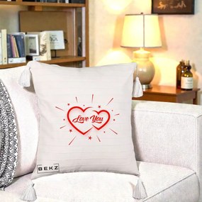 Cadou Romantic - Perna Personalizata Love You Doua Inimi, 40x40 cm, Bej cu Franjuri, Husa Detasabila, Perna Inclusa, BEKZ®