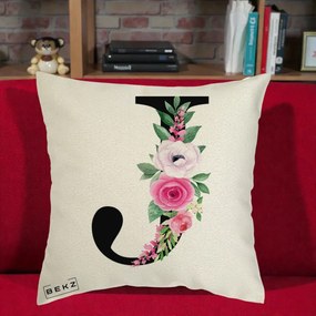 Cadou Personalizat - Perna Personalizata Monograma Florala Litera J, 40x40 cm, Ecru, Husa Detasabila, Perna Inclusa, BEKZ®
