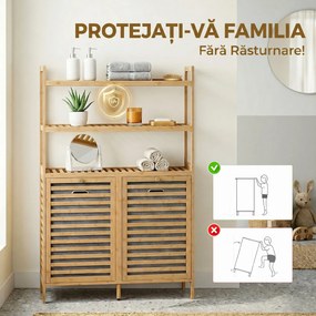 HOMCOM Dulap pentru Rufărie Dublu Rabatabil, Bambus, 2 Coșuri, 3 Rafturi, Culoare Stejar | Aosom Romania
