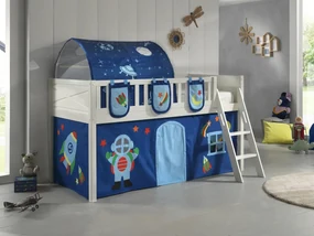 Pat ridicat pentru copii SCOTT, alb, 90 x 200 cm, din pin scandinav și MDF, cu scară frontală, perdea de joacă ASTRO, tunel și 3 saci de depozitare –