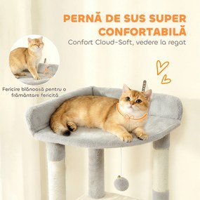 Pawhut Ansamblu de joacă pentru Pisici de 170 cm cu 7 Stâlpi Zgâriători, 2 Căsuțe, Hamac, Gri Deschis | Aosom Romania