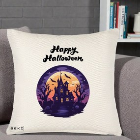 Perna Decorativa Happy Halloween Casa Bantuita Violet, 40x40 cm, Crem Reliefat, Husa Detasabila, Perna Inclusa, BEKZ®