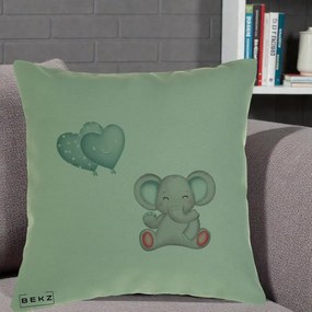 Perna Decorativa, Model Elefant si baloane in forma de inimioare, 40x40 cm, Verde, Husa Detasabila, Perna Inclusa, BEKZ®