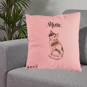 Perna Personalizata Pisica Meow Acuarela, 40x40 cm, Roz, Husa Detasabila, Perna Inclusa, BEKZ®
