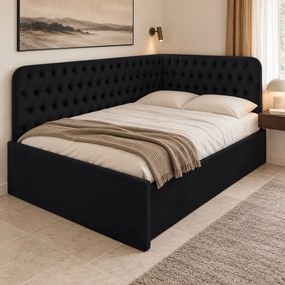Pat tapițat pentru copii din catifea Elyra 140×200 cm, negru, colț stânga, cu ladă de depozitare