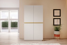 Dulap Nicole 100 cm cu două uși cu față canelată și mânere metalice - alb mat / mânere aurii