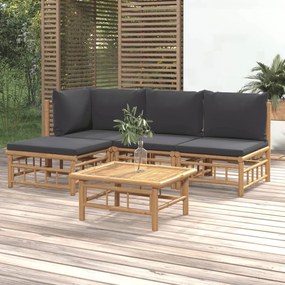 Set mobilier de gradina cu perne gri inchis, 5 piese, bambus