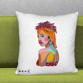 Perna Decorativa Portret Femeie Colorat Pop Art, 40x40 cm, Alb Pufos, Husa Detasabila, Perna Inclusa, BEKZ®