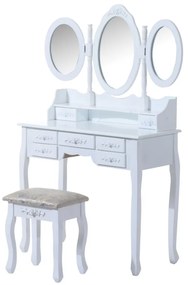 Set Sofia Masă de Toaletă pentru Machiaj cu 3 Oglinzi, 7 Sertare și Scaun, Alb,