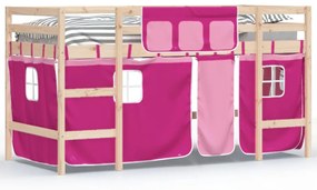 3206975 vidaXL Pat etajat de copii cu perdele, roz, 90x190 cm, lemn masiv pin