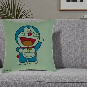Perna Personalizata Doraemon Salutand, 40x40 cm, Verde, Husa Detasabila, Perna Inclusa, BEKZ®