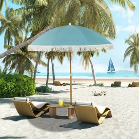 Outsunny Umbrelă de plajă mâner efect lemn Ø 1,7 m, umbrelă mare cu ciucuri înălțime reglabilă, UPF50+ sac de transport, bleu deschis | Aosom Romania