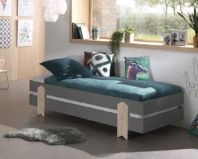 Set 2 paturi stivuibile pentru copii MODULO, din MDF și pin masiv, cu somiere cu lamele incluse – Vipack