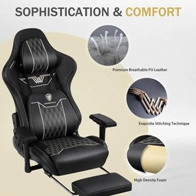 RESIGILAT- DOWINX Scaun gaming, ergonomic, spătar înalt, tetiera confortabilă, suport lombar, cotiere 4D, suport picioare, rezistent 150 kg, piele PU, Negru