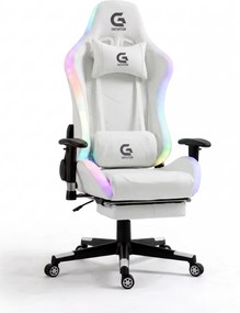 Scaun gaming cu sistem iluminare bandă LED RGB, masaj în perna lombară, suport picioare, funcție șezlong, 90-180 grade, piele PU Premium, Alb