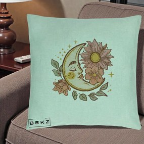 Perna Personalizata Luna Boho Chip Floral, 40x40 cm, Verde Menta, Husa Detasabila, Perna Inclusa, BEKZ®