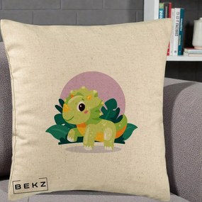 Perna Decorativa Triceratops Kawaii Verde, 40x40 cm, Bej, Husa Detasabila, Perna Inclusa, BEKZ®