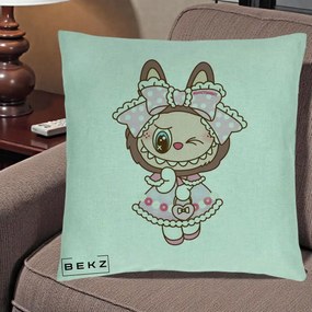 Perna Personalizata Labubu Lolita Roz cu Dantela, 40x40 cm, Verde Menta, Husa Detasabila, Perna Inclusa, BEKZ®
