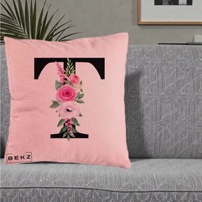 Cadou Personalizat - Perna Personalizata Monograma Florala Litera T, 40x40 cm, Roz, Husa Detasabila, Perna Inclusa, BEKZ®