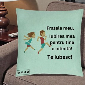 Cadou pentru Frate - Perna Personalizata Fratele Meu Te Iubesc Copii Alergand Colorat, 40x40 cm, Verde Menta, Husa Detasabila, Perna Inclusa, BEKZ®