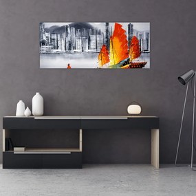 Tablou - Victoria Harbour, Hong Kong, pictură în ulei alb- negru (120x50 cm)