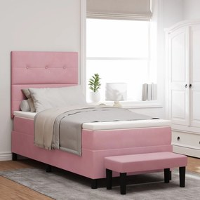 vidaXL Pat box spring cu saltea și bancă roz 90x190 cm din catifea