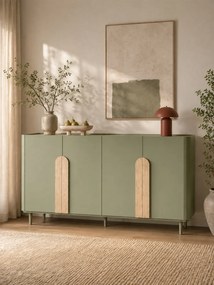 Comodă pe picioare Amilio 200 cm cu patru uși - eucalipt / stejar baltic dune / mânere stejar natural
