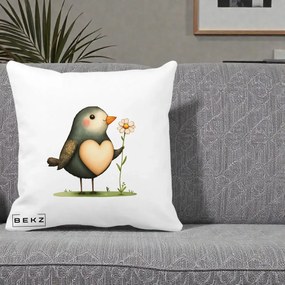 Perna Decorativa Pasare cu Inima si Margareta, 40x40 cm, Alba Mata, Husa Detasabila, Perna Inclusa, BEKZ®