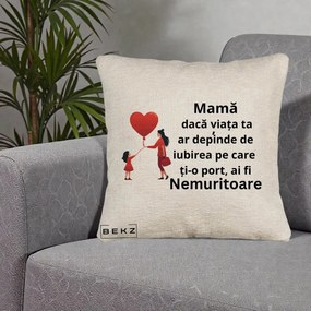 Cadou pentru Mama - Perna Personalizata Mama Nemuritoare cu Bebelus Kawaii, 40x40 cm, Bej Canapea, Husa Detasabila, Perna Inclusa, BEKZ®