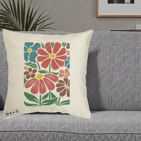 Perna Decorativa Flori Grafice Colorate Retro, 40x40 cm, Ecru, Husa Detasabila, Perna Inclusa, BEKZ®